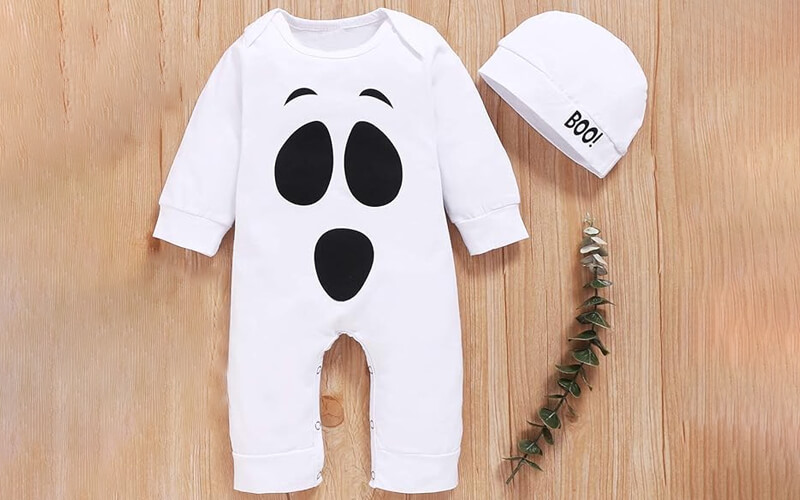 Ghost Halloween Long Sleeve Romper with Hat