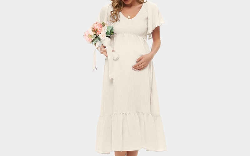 V-Neck Smocked Midi Dresses Baby Shower Casual