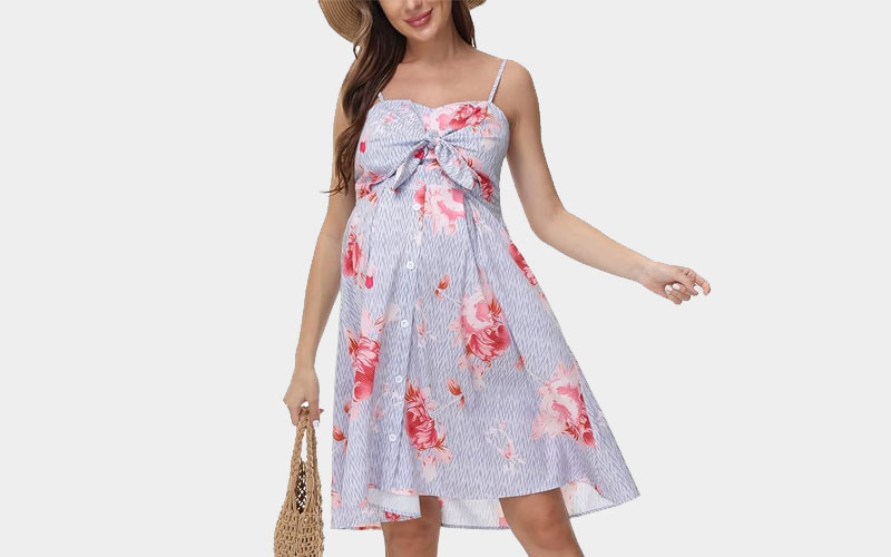 A-Line Swing Sleeveless for Daily Wear & Baby Shower with Red Flower